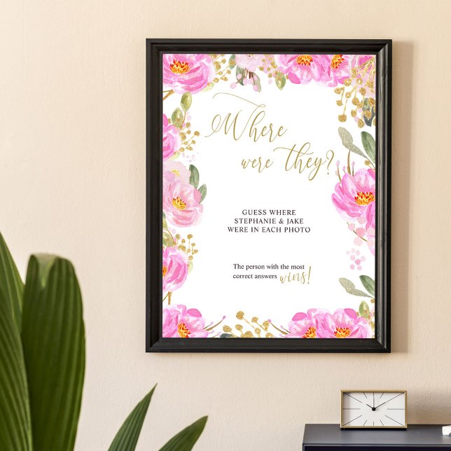 Where Were They Pink Floral Wedding Bridal Shower Poster (Where were they wedding shower photo game poster from my Pink and Gold Watercolor Floral Collection)