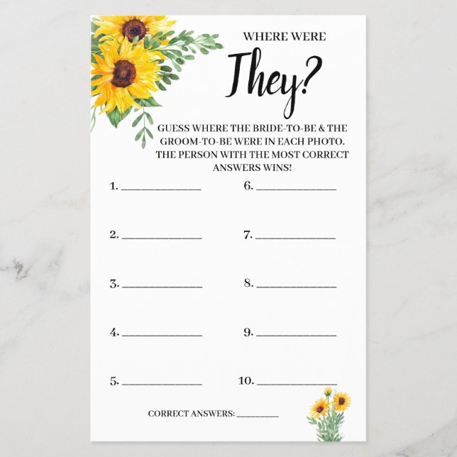 Where were They Sunflowers Bridal Shower Game Card Flyer (Front)