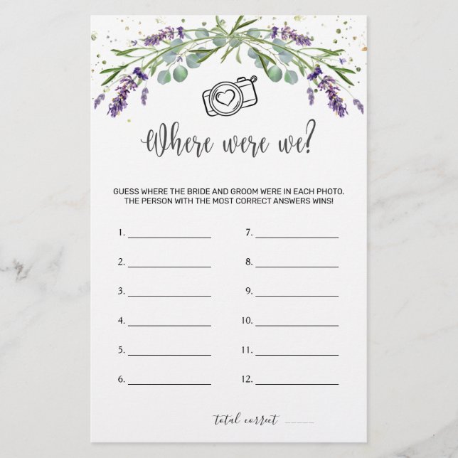  Where Were We Bridal Game Eucalyptus Lavender Stationery (Front)