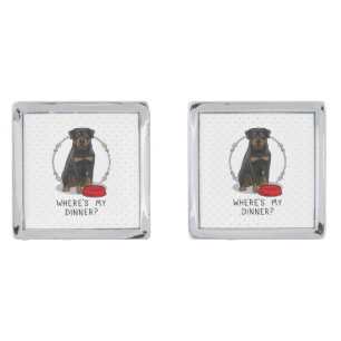 Where's My Dinner? Rottweiler with Red Dog Dish Cufflinks