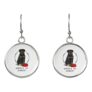Where's My Dinner? Rottweiler with Red Dog Dish Earrings