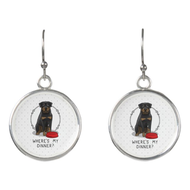 Where's My Dinner? Rottweiler with Red Dog Dish Earrings (Front)