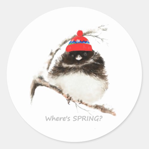 Wheres Spring Funny Sarcastic Watercolor Junco cu Classic Round Sticker