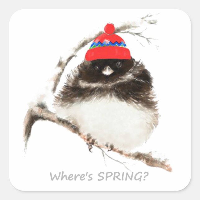 Where's Spring Funny Sarcastic Watercolor Junco cu Square Sticker (Front)