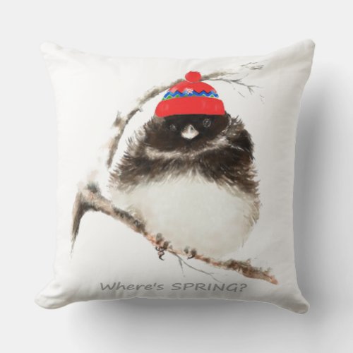 Wheres Spring Funny Sarcastic Watercolor Junco cu Throw Pillow