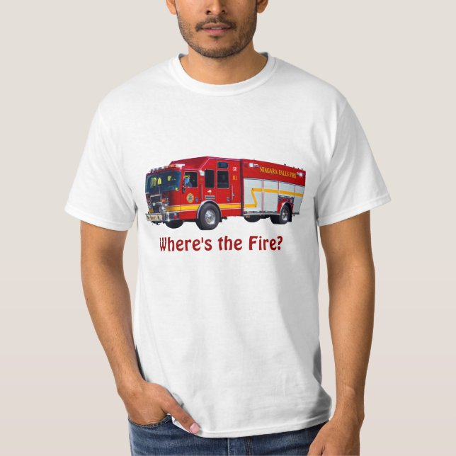 "Where's the Fire?" Red Fire Engine Fun T-Shirt (Front)