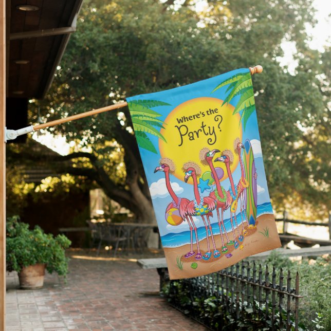 Where's The Party Flamingos Reversible House Flag (In SItu)