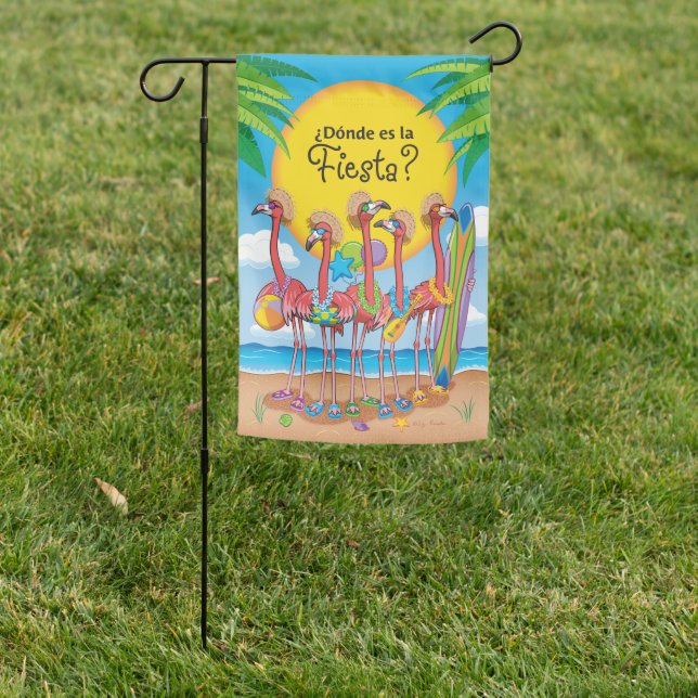 Where's The Party Flamingos Spanish Reversible Garden Flag (In SItu)