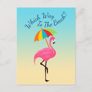 Which Way To The Beach-Pink Flamingo Postcard