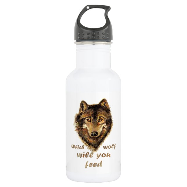 "Which wolf will you feed" Inspirational Wolf Art Water Bottle (Front)