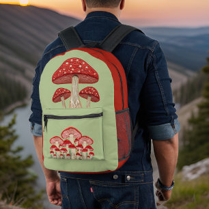Whimical Red and Tan Mushroom and Sage Green Printed Backpack