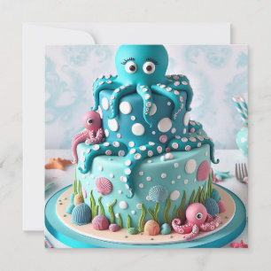 WHIMISCAL BLUE OCTOPUS THEMED BIRTHDAY CAKE INVITATION