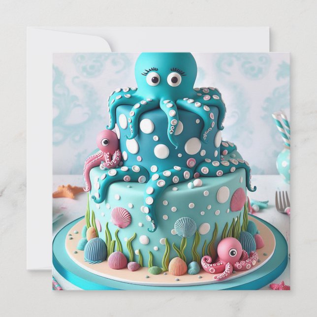 WHIMISCAL BLUE OCTOPUS THEMED BIRTHDAY CAKE  INVITATION (Front)