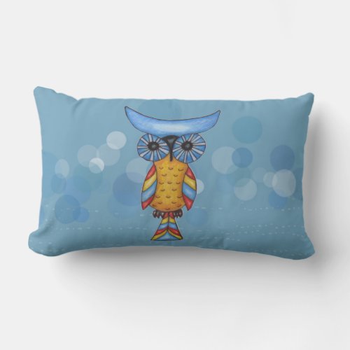 Whimiscal Colorful Owl Blue Eyes on Circles Dashes Outdoor Pillow