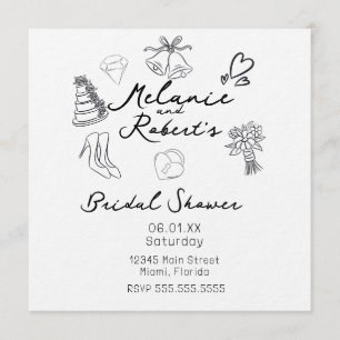 Whimiscal Cute Doodles Black White Bridal Shower Invitation