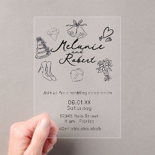 Whimiscal Cute Doodles Black White Wedding Acrylic Invitations