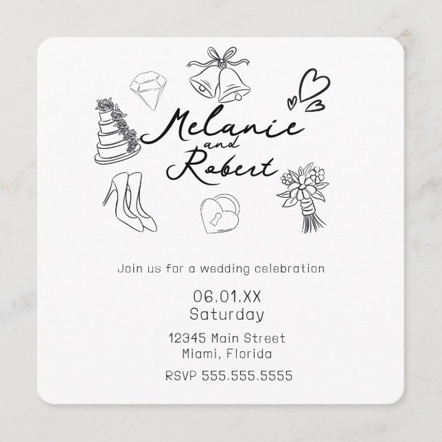 Whimiscal Cute Doodles Black White Wedding Invitation (Front)