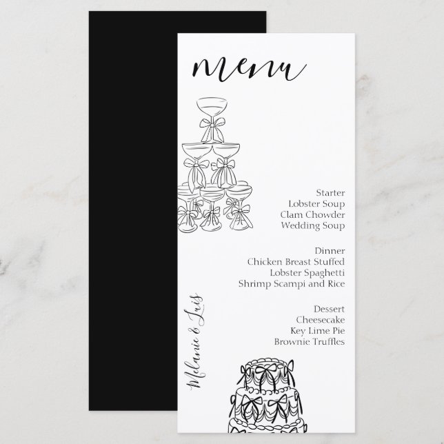 Whimiscal Doodle Black White Wine Wedding Menu  (Front/Back)