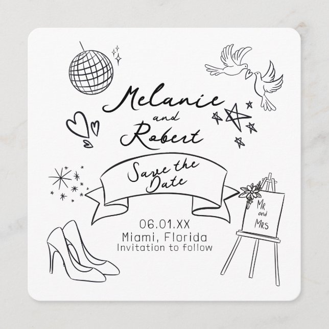 Whimiscal Doodles Black White Save the Date Invitation (Front)