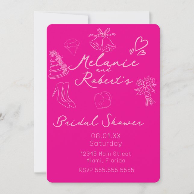 Whimiscal Doodles Bright Pink Bridal Shower  Save The Date (Front)