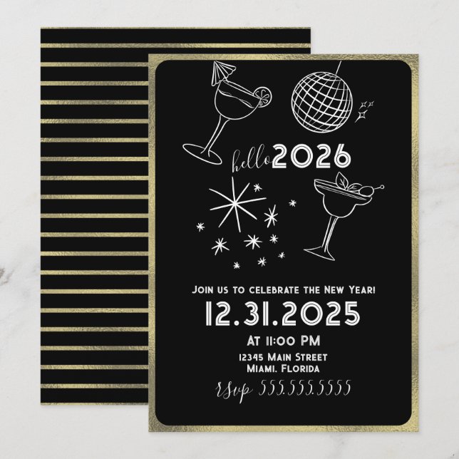 Whimiscal Doodles Hello 2026 New Years Gold Holiday Card (Front/Back)