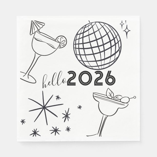 Whimiscal Doodles Hello 2026 New Years Gold Napkins (Front)