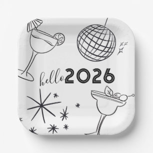 Whimiscal Doodles Hello 2026 New Years Gold Paper Plates