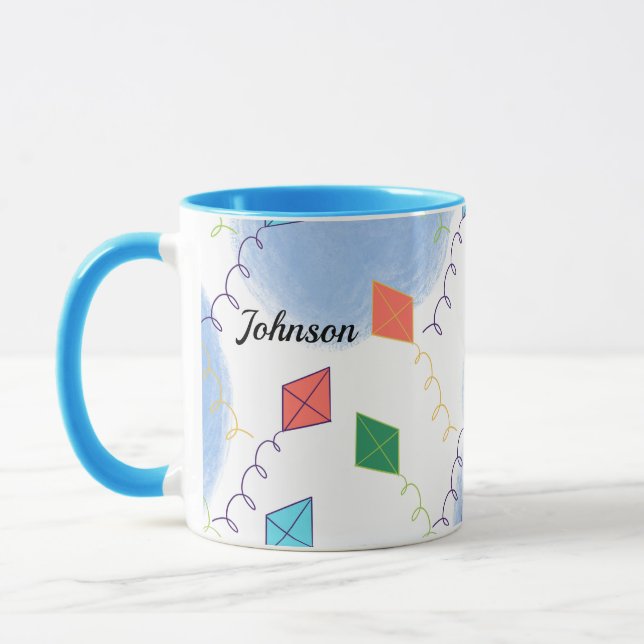 Whimiscal Kites Multicolored Sky Pattern Name Mug (Left)