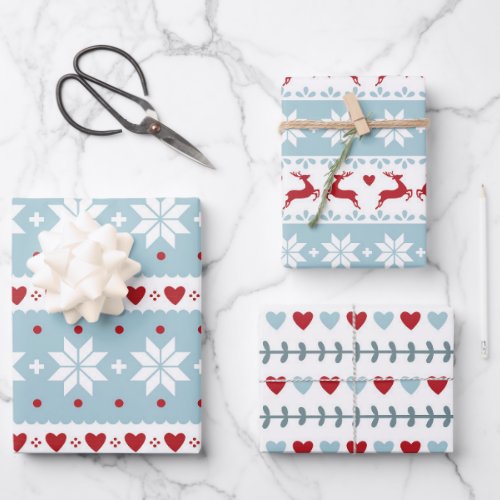 Whimiscal Nordic Christmas Deers and Love Hearts Wrapping Paper Sheets