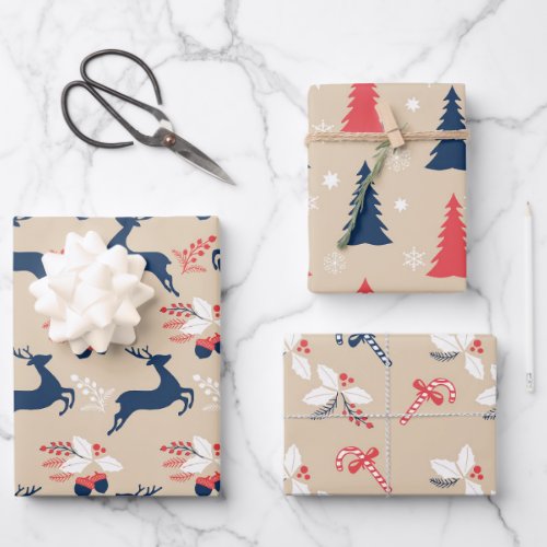 Whimiscal Nordic Christmas Trees and Deers Wrapping Paper Sheets