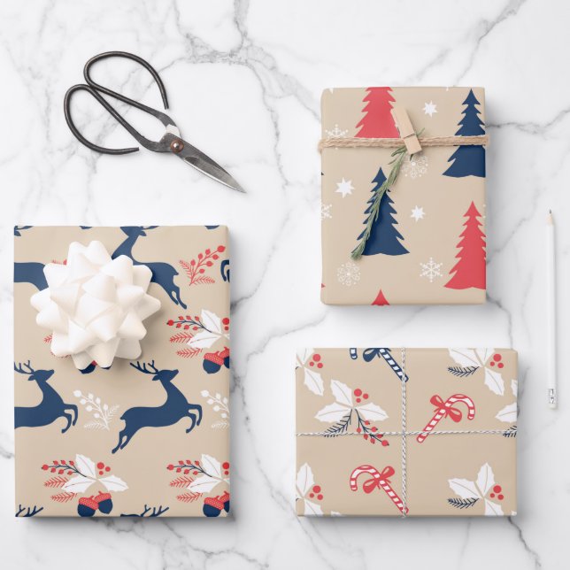 Whimiscal Nordic Christmas Trees and Deers Wrapping Paper Sheets (Front)