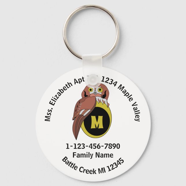 Whimiscal Owl Monogram Lost Family Home Address Keychain (Front)