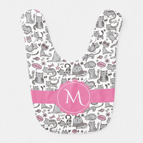 Whimiscal Pink and Gray Cartoon Cat Gift Ideas Bib