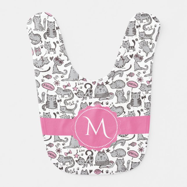 Whimiscal Pink and Gray Cartoon Cat Gift Ideas Bib (Front)