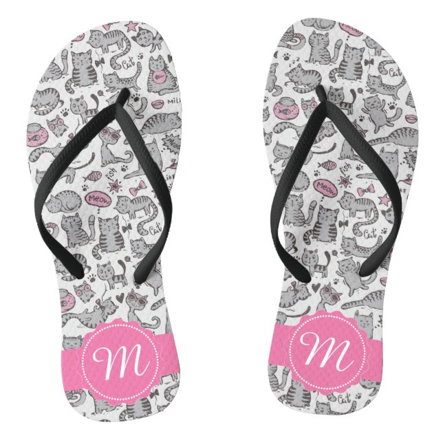 Whimiscal Pink and Gray Cartoon Cat Gift Ideas Flip Flops (Footbed)