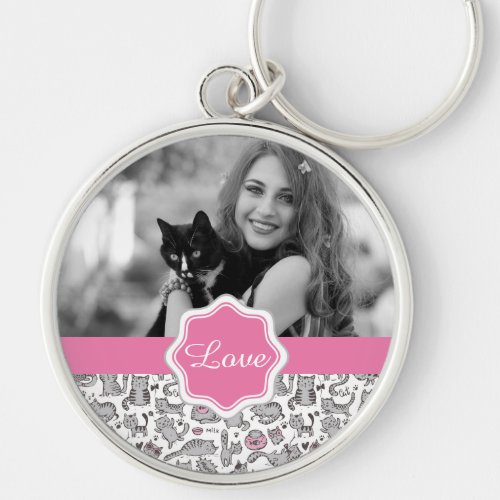 Whimiscal Pink and Gray Cartoon Cat Gift Ideas Keychain
