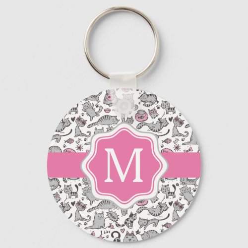 Whimiscal Pink and Gray Cartoon Cat Gift Ideas Keychain