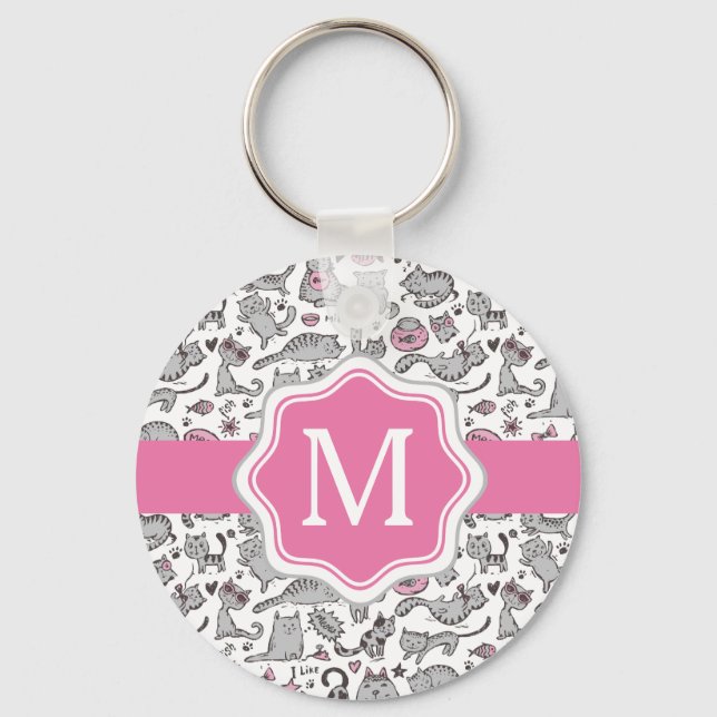 Whimiscal Pink and Gray Cartoon Cat Gift Ideas Keychain (Front)