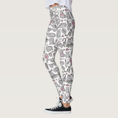 Whimiscal Pink and Gray Cartoon Cat Gift Ideas Leggings