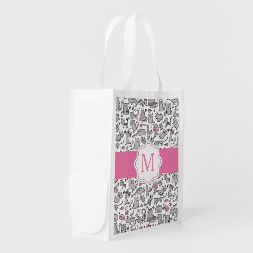 Whimiscal Pink and Gray Cartoon Cat Gift Ideas Reusable Grocery Bag