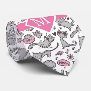 Whimiscal Pink and Gray Cartoon Cat Gift Ideas Tie