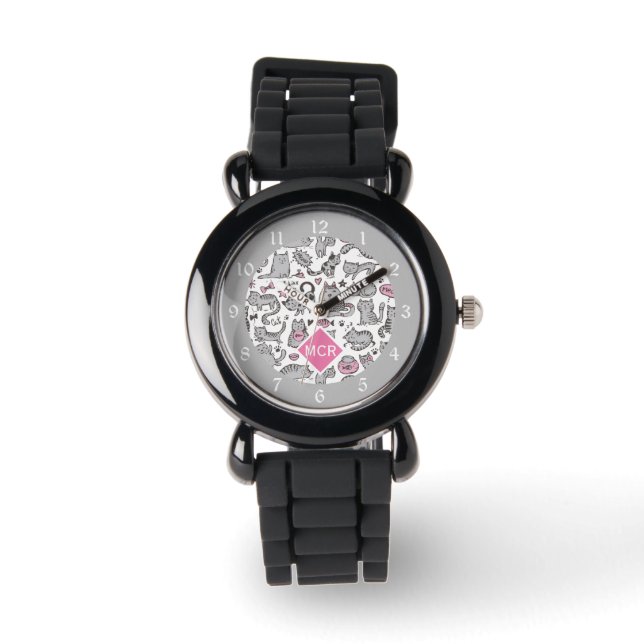 Whimiscal Pink and Gray Cartoon Cat Gift Ideas Watch (Front)