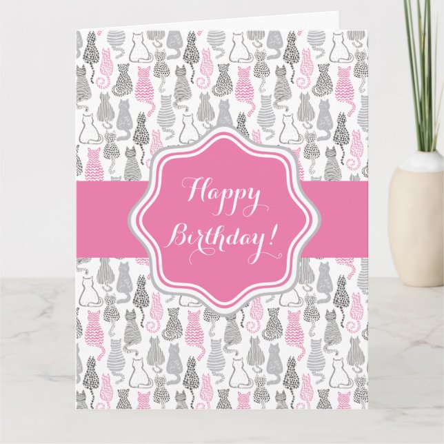 Whimiscal Pink and Gray Sketch Cat Gift Ideas Card (Front)