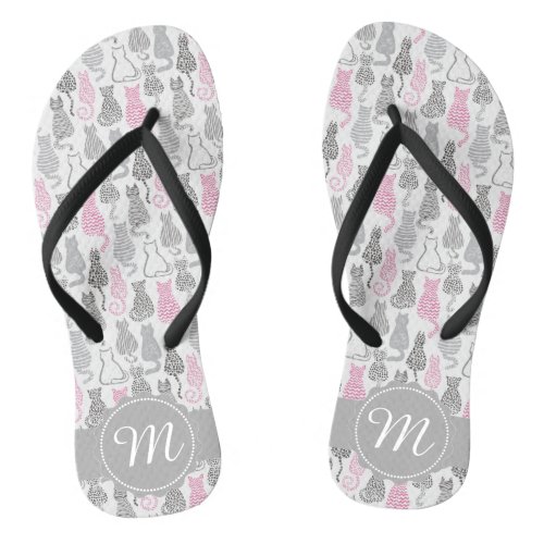 Whimiscal Pink and Gray Sketch Cat Gift Ideas Flip Flops