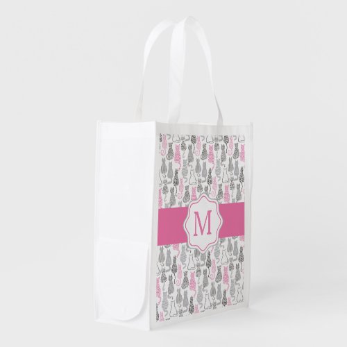 Whimiscal Pink and Gray Sketch Cat Gift Ideas Grocery Bag