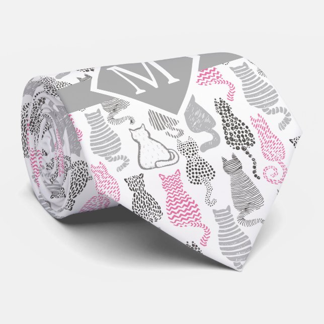Whimiscal Pink and Gray Sketch Cat Gift Ideas Neck Tie (Rolled)
