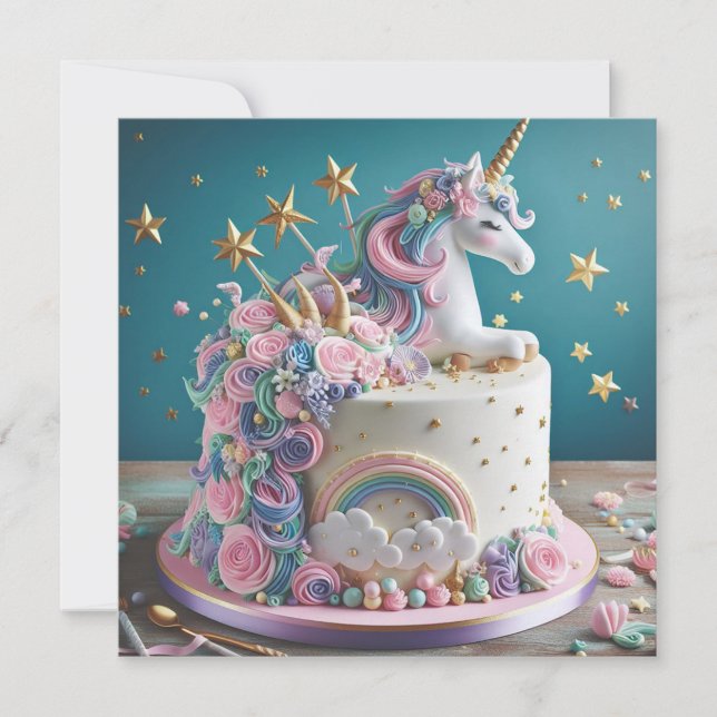 WHIMISCAL PINK & BLUE UNICORN CAKE BIRTHDAY INVITATION (Front)