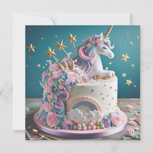 WHIMISCAL PINK  BLUE UNICORN CAKE BIRTHDAY INVITATION