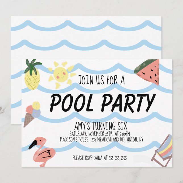 Whimiscal Pool Summer Birthday Party  Invitation (Front/Back)