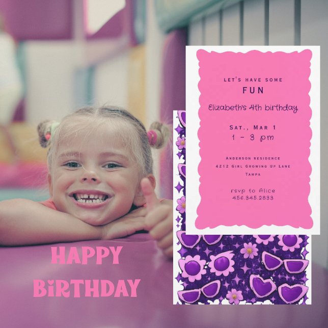 Whimiscal Purple and Pink 4th Birthday Party II Invitation (Creator Uploaded)
